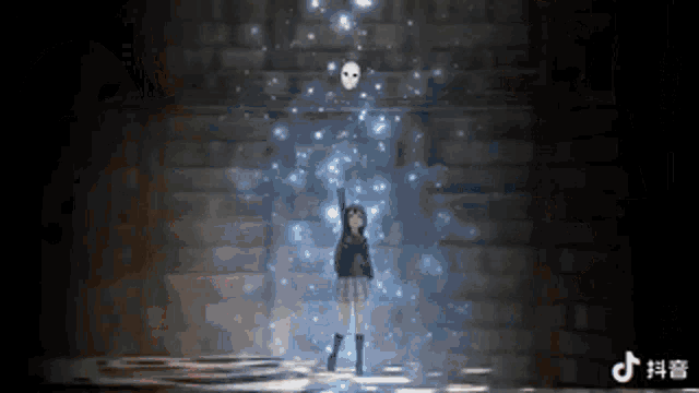 a girl in a school uniform is standing in a dark room with a mask in the background