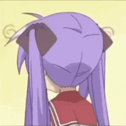a purple haired anime girl with pigtails and a red shirt is making a face .