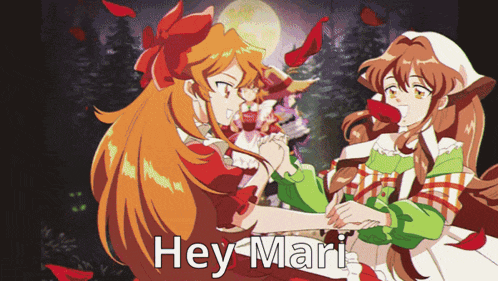 a picture of two anime girls with the words hey mari on the bottom right