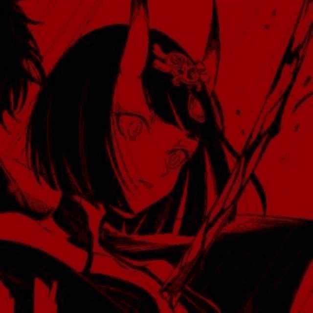 a black and red drawing of a demon girl with horns holding a book .