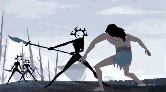a cartoon of a woman holding a spear and a man holding a spear with the words adult swim on the bottom left