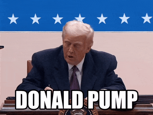 donald trump is sitting at a desk with the word donald pump written on it