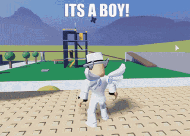 a video game character says it 's a boy with a playground in the background