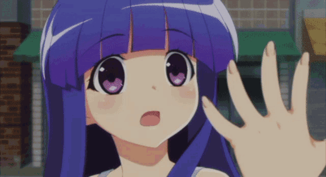 a girl with purple hair is waving her hand in front of a building