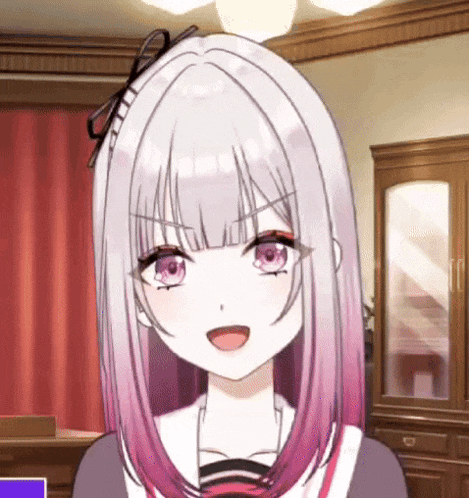 a girl with long white hair and pink hair is standing in a room with a red curtain .