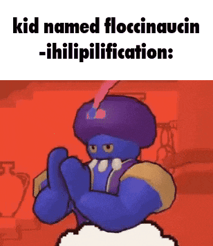a cartoon character with a purple hat and the words kid named floccinaucin -ihiliplification .