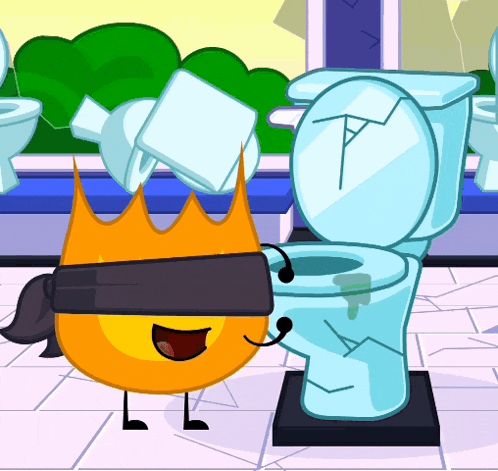 a cartoon character wearing a blindfold stands next to a broken toilet