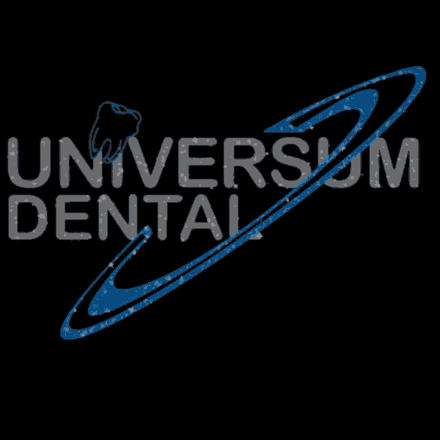 a logo for universal dental shows a tooth and a planet