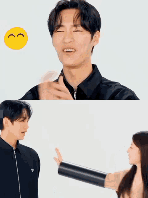 a man and a woman are laughing with a smiley face that says " he "
