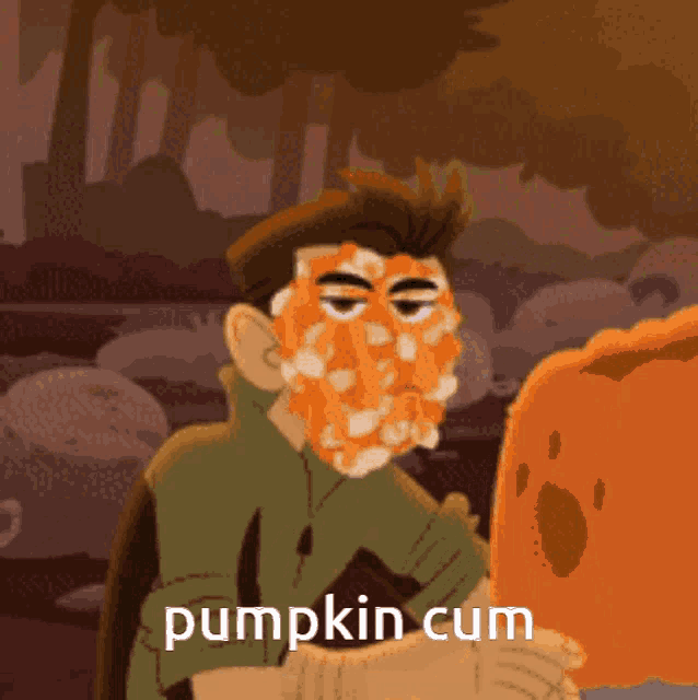 a cartoon of a man with a pumpkin on his face and the word pumpkin cum below him