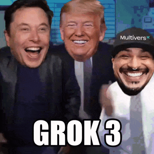 elon musk donald trump and a man wearing a multivers hat