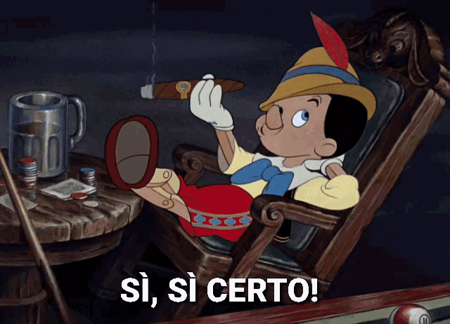 a cartoon of pinocchio smoking a cigar with the words si si certo behind him