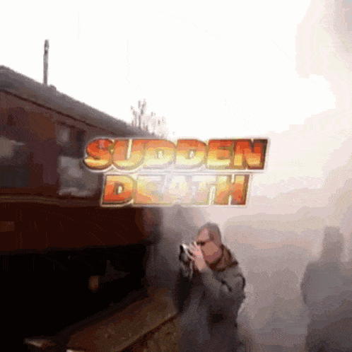 a man taking a picture with a camera in front of a sign that says " sudden death "