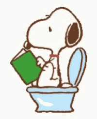 snoopy is sitting on a toilet with a book in his mouth .