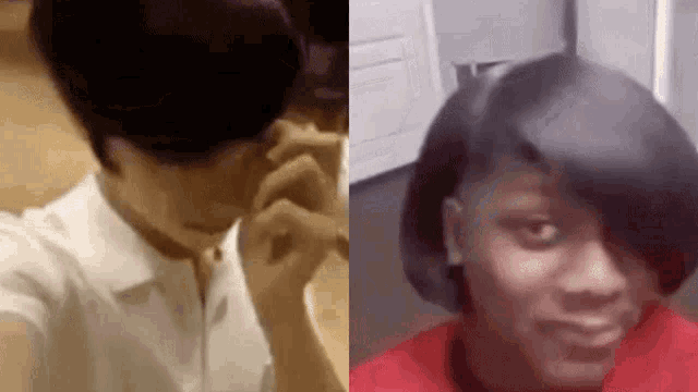 a woman is crying and a woman is smiling in a collage of two images .