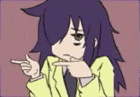 a cartoon girl with long purple hair is pointing at something .