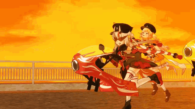 a couple of anime girls are riding a red motorcycle