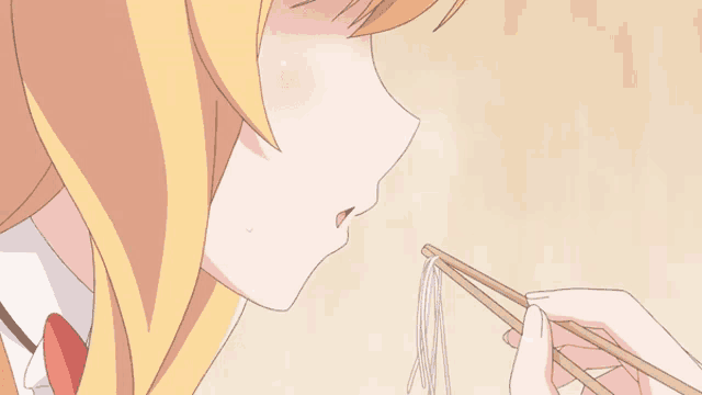 a girl is eating noodles with chopsticks in a cartoon