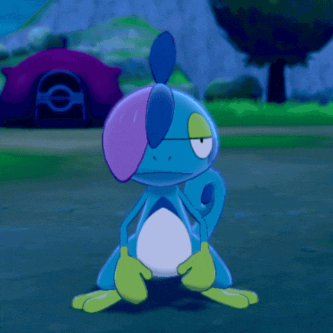 a cartoon frog with a purple and blue haircut
