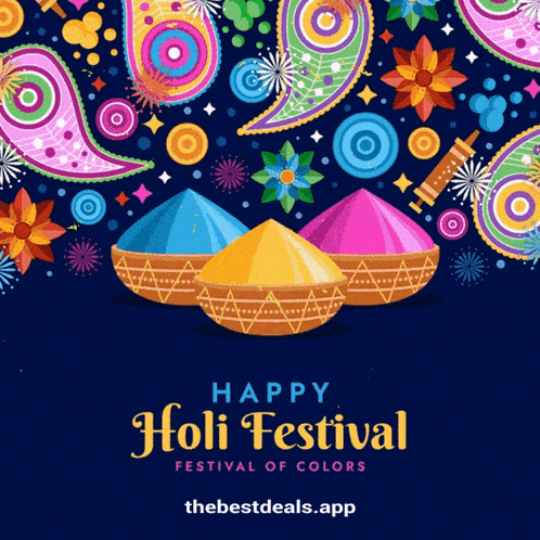 a happy holi festival greeting card with colorful bowls of colored powder