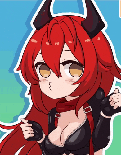 a girl with red hair and horns is wearing a black top