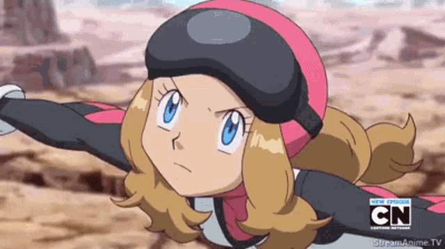 a cartoon girl is flying through the air with the cn logo in the background
