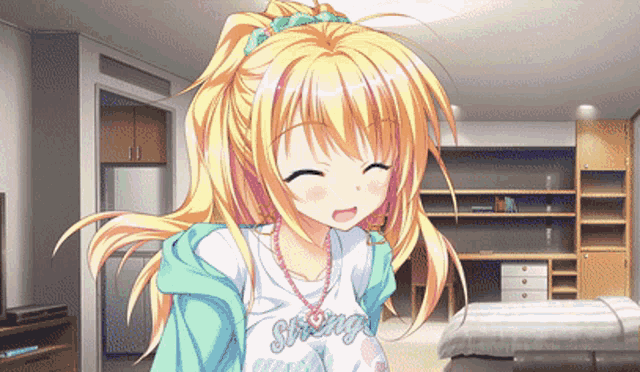 a girl with blonde hair is wearing a shirt that says strong girl