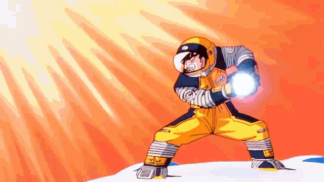 a cartoon character with a helmet and gloves is holding a light in his hand
