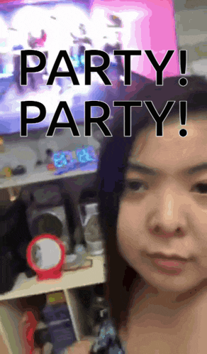 a woman standing in front of a tv with the words party party written above her