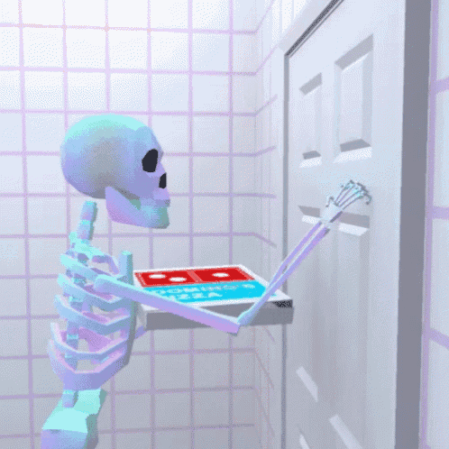 a skeleton is holding a pizza box that says domino 's