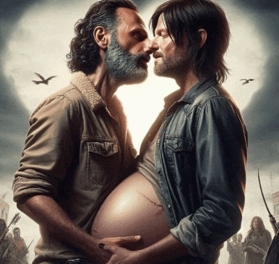 a man holding a pregnant woman 's belly kisses another man 's nose