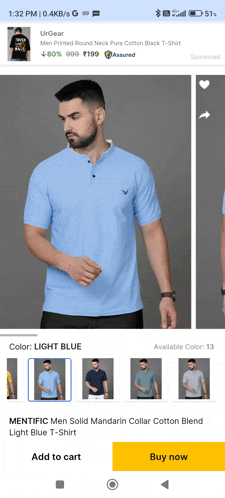 a man is wearing a light blue t-shirt on a website
