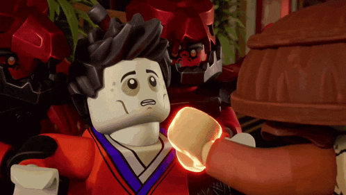 a lego figure with a glowing fist is standing in front of a robot