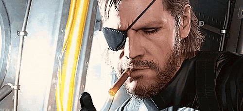 a man with a beard is smoking a cigar in a video game while wearing an eye patch .