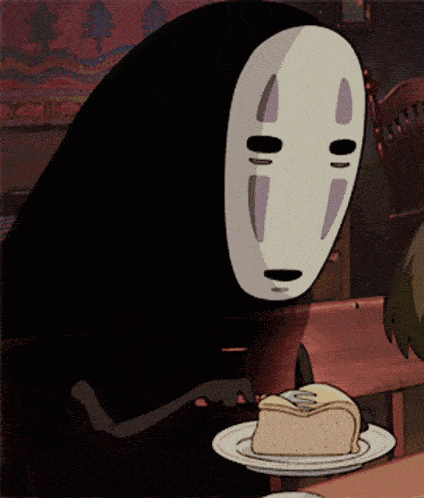 a cartoon character without a face is holding a piece of cake on a plate