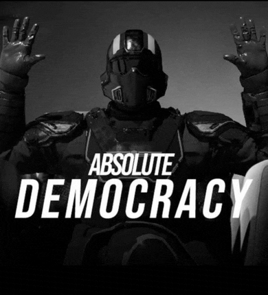 a poster for absolute democracy with a man in a helmet