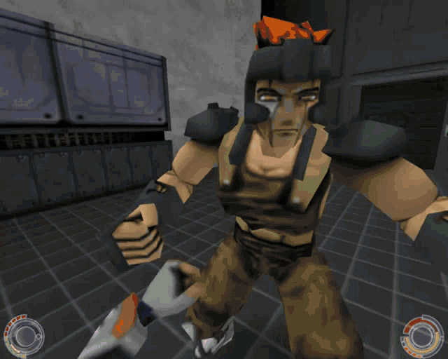 a video game with a man wearing a helmet and a shield