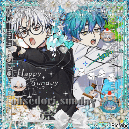 a picture of two anime characters with the words happy sunday