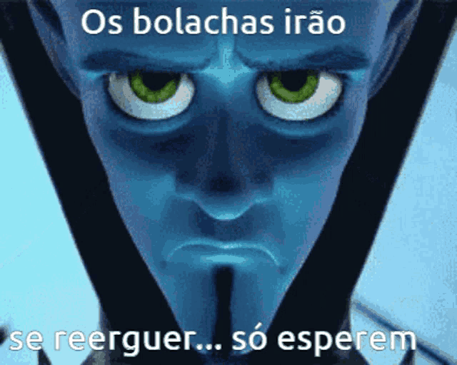 a blue cartoon character with green eyes and the words os bolachas irao