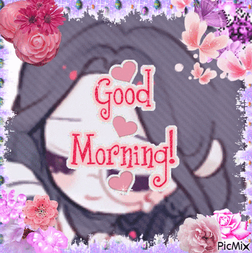 a picture of a girl with flowers and the words good morning on it
