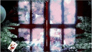 a christmas tree is behind a window with a santa tag