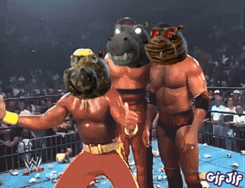 a gif of three wrestlers with hippos on their heads is displayed