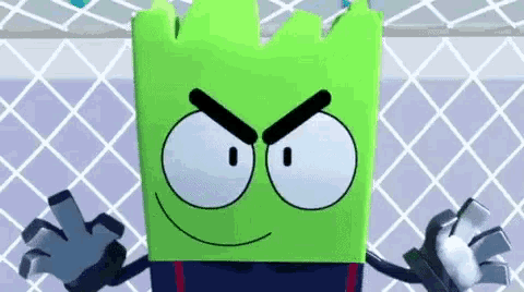 a green cartoon character is standing in front of a fence and looking angry .
