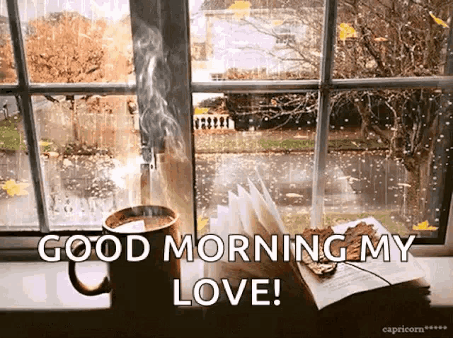 a cup of coffee is sitting on a window sill next to a book and a window .
