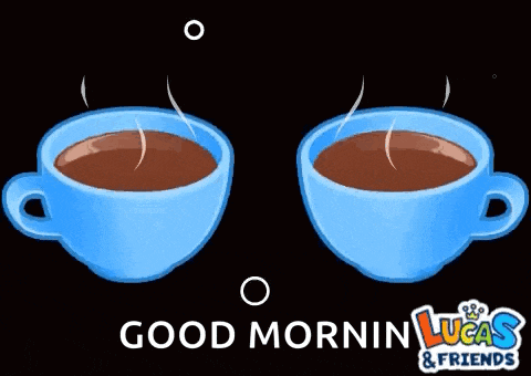 two blue cups of coffee on a black background with the words good morning lucas & friends on the bottom