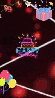 a neon happy birthday sign with a cake and balloons