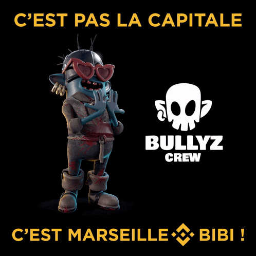 an advertisement for bullyz crew has a cartoon character on it