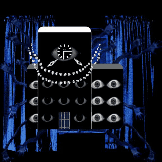 a phone with a clock on it and a bunch of eyes behind it