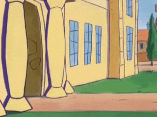 a cartoon drawing of a yellow building with blue windows and a tree in the background .