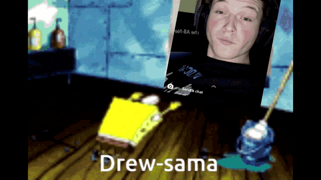 a cartoon of spongebob and a picture of a man called drew-sama